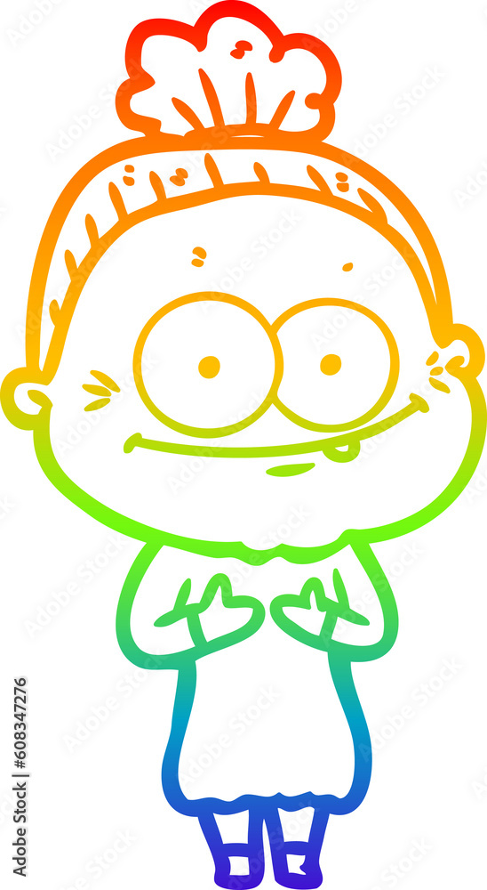 rainbow gradient line drawing of a cartoon happy old woman