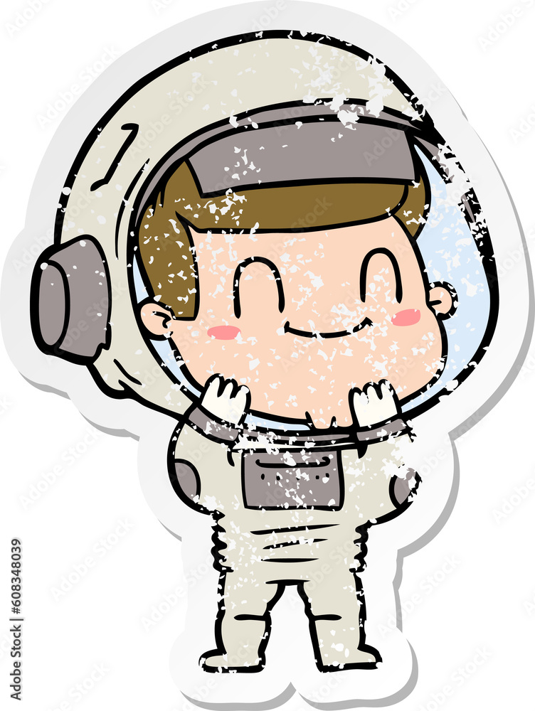 distressed sticker of a happy cartoon astronaut distressed sticker of a happy cartoon astronaut
