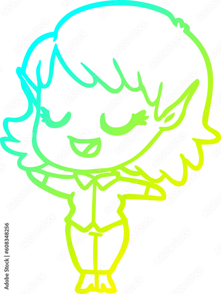 Fototapeta premium cold gradient line drawing of a happy cartoon elf girl