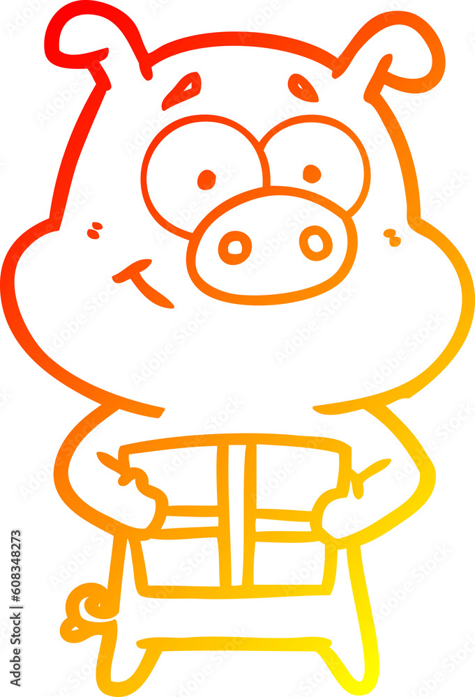 warm gradient line drawing of a happy cartoon pig holding christmas present warm gradient line drawing of a happy cartoon pig holding christmas present