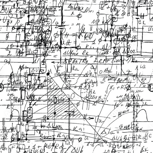 Scientific seamless texture with handwritten formulas and electronic components. Drawing of various graph solutions on white. Physics and schematic diagram and circuit of  the devices. Vector.