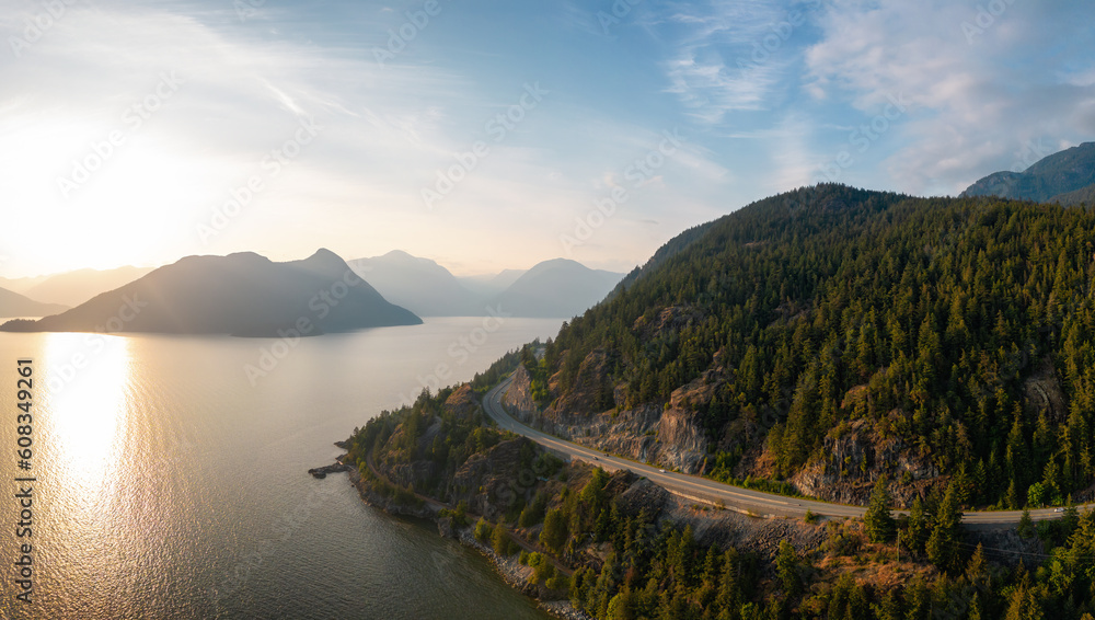Sea to Sky Highway on Pacific Ocean West Coast. Aerial Panorama. British Columbia, Canada.