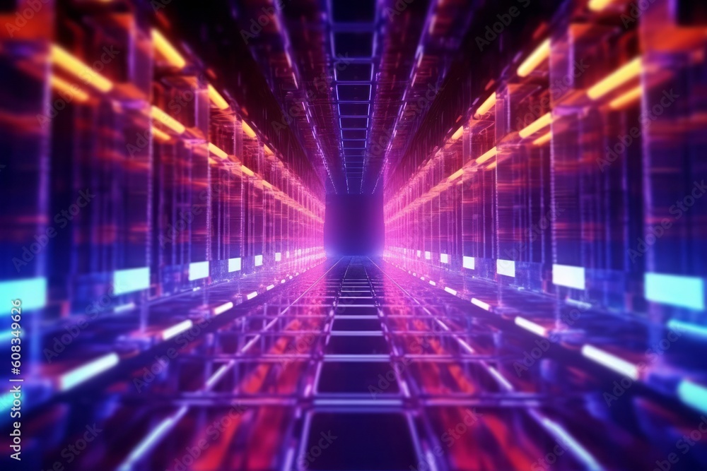 Futuristic technology lines for network, big data, data center, server, internet, speed. Neon lights into digital technology tunnel. Generative AI Futuristic technology lines for network, big data, data center, server, internet, speed. Neon lights into digital technology tunnel. Generative AI