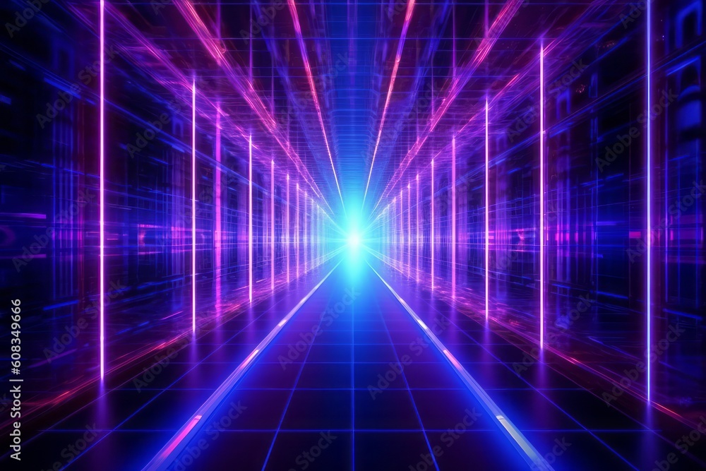 Futuristic technology lines for network, big data, data center, server, internet, speed. Neon lights into digital technology tunnel. Generative AI Futuristic technology lines for network, big data, data center, server, internet, speed. Neon lights into digital technology tunnel. Generative AI