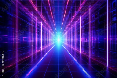 Futuristic technology lines for network, big data, data center, server, internet, speed. Neon lights into digital technology tunnel. Generative AI