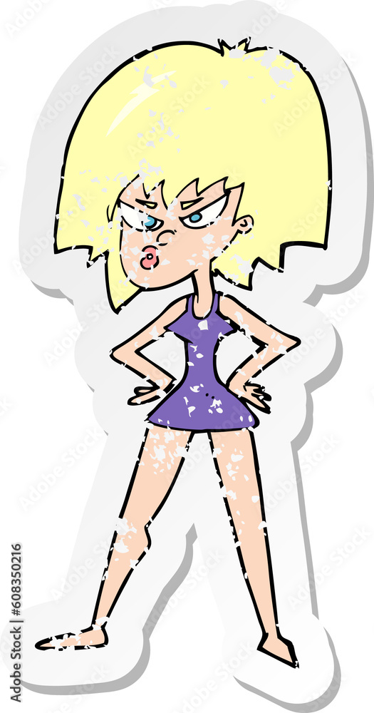 retro distressed sticker of a cartoon angry woman in dress retro distressed sticker of a cartoon angry woman in dress