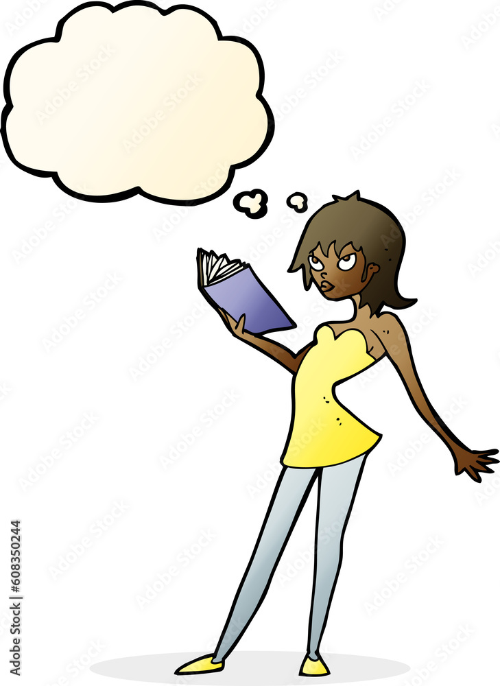 cartoon woman reading book with thought bubble cartoon woman reading book with thought bubble