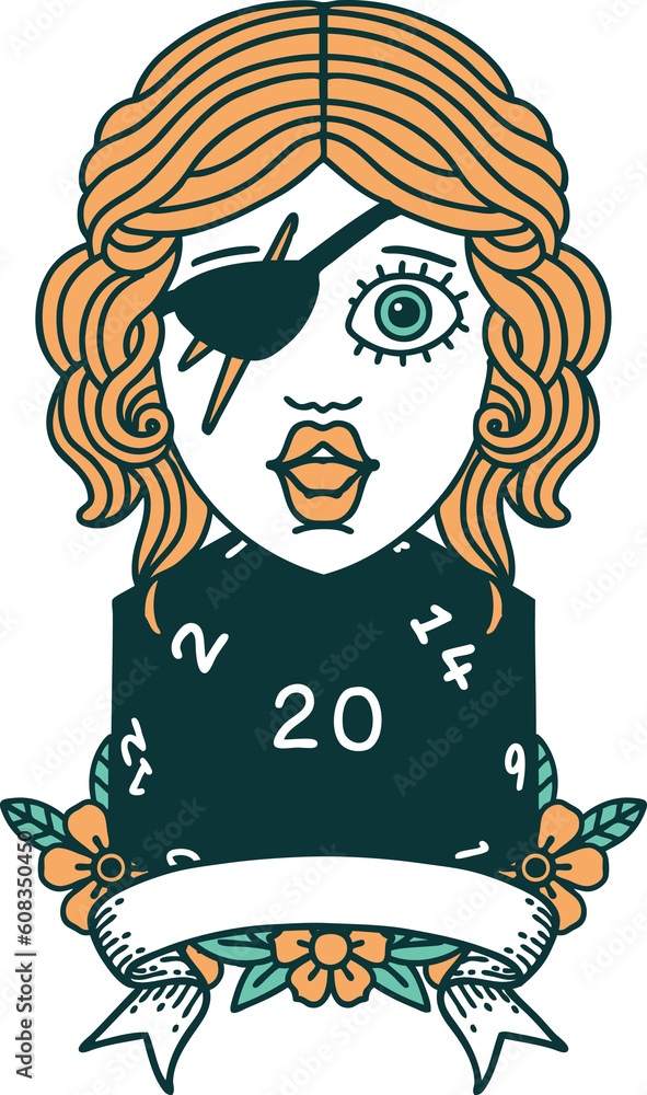 Retro Tattoo Style human rogue with natural 20 dice roll Retro Tattoo Style human rogue with natural 20 dice roll