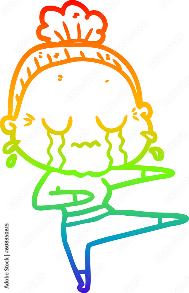 rainbow gradient line drawing of a cartoon old dancer woman crying rainbow gradient line drawing of a cartoon old dancer woman crying