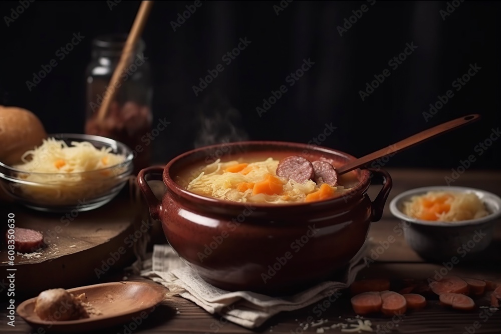 illustration, delicious soup with smoked sausage, ai generative.