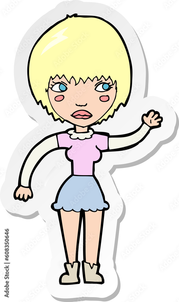 sticker of a cartoon waving woman sticker of a cartoon waving woman
