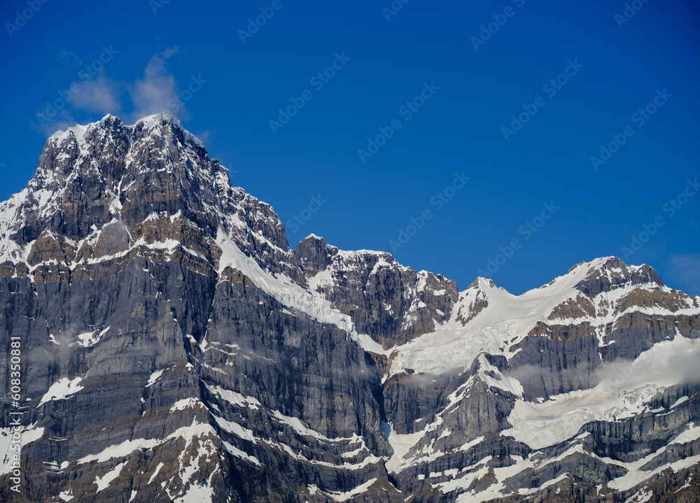 The rugged mountains in Jasper National Park with their snow covered slopes and deep pristine forests