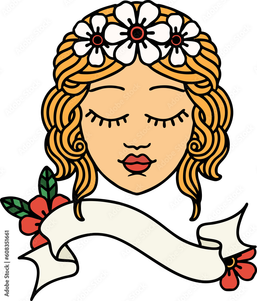 traditional tattoo with banner of a maidens face traditional tattoo with banner of a maidens face
