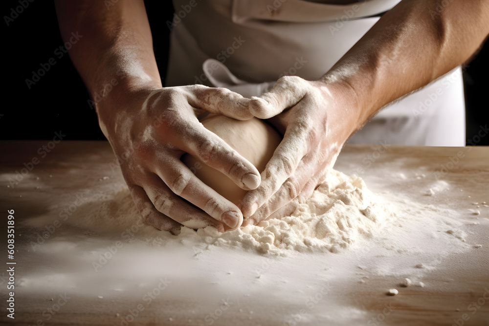 A baker kneading dough on a flour-dusted surface, preparing it for baking. Generative AI