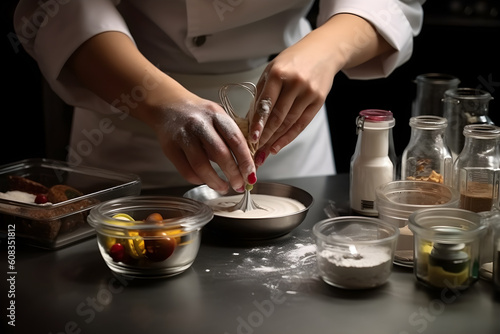A baker carefully measuring ingredients for a recipe, emphasizing the importance of precision and accuracy in baking, Generative AI