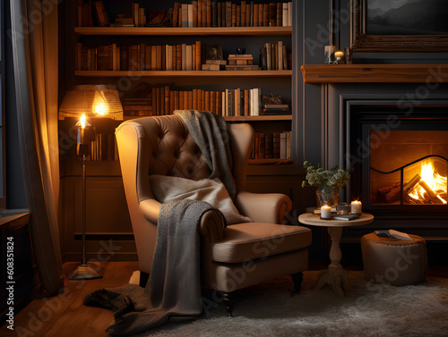 Reading nook, comfortable armchair nestled by a fireplace, adorned with bookshelves filled with books, using soft lighting and earthy tones, Generated AI