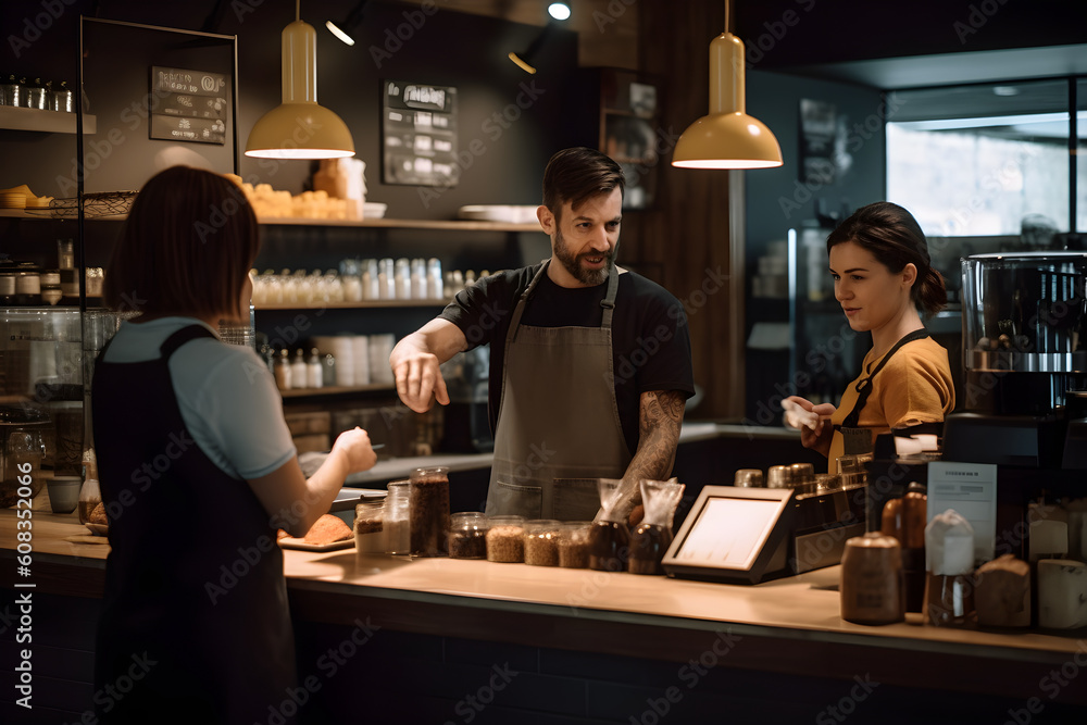 A barista engaging with customers at the counter, taking orders and providing personalized recommendations based on individual taste preferences. Generative AI A barista engaging with customers at the counter, taking orders and providing personalized recommendations based on individual taste preferences. Generative AI