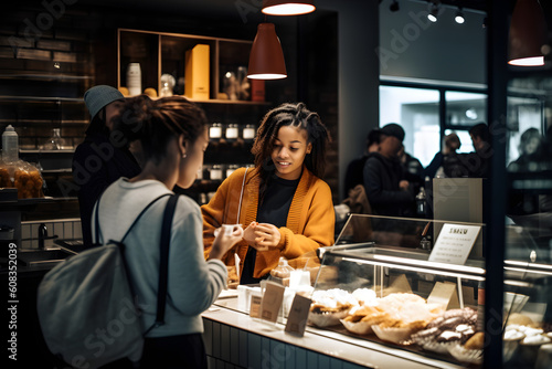 A barista engaging with customers at the counter  taking orders and providing personalized recommendations based on individual taste preferences. Generative AI
