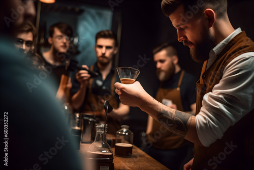 A barista passionately sharing their coffee knowledge and expertise, conducting a workshop or demonstration to educate others about the art of coffee. Generative AI