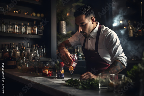 A bartender crafting non-alcoholic mocktails  catering to customers who prefer alcohol-free alternatives while still delivering exceptional taste and presentation. Generative AI