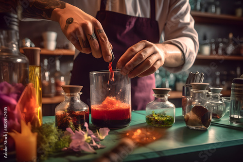 A bartender creating a signature cocktail for a customer, using unique ingredients and techniques to deliver a one-of-a-kind drinking experience. Generative AI