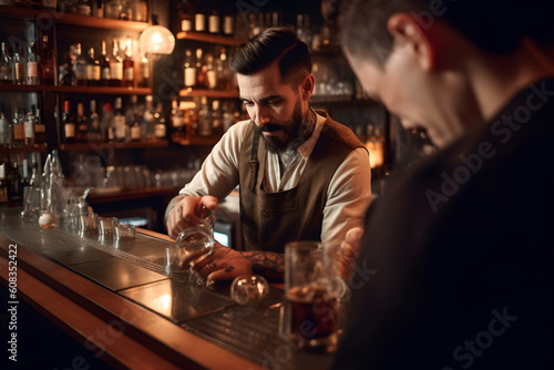 A bartender engaging with customers at the bar, recommending drinks and providing personalized service based on individual preferences. Generative AI