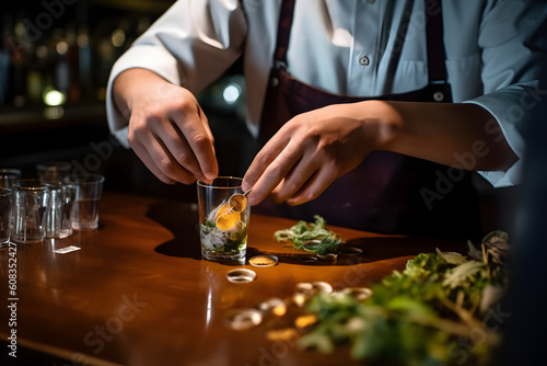 A bartender garnishing a cocktail with precision, adding the final touches of zest, herbs, or fruit to enhance the drink's appearance and flavor. Generative AI