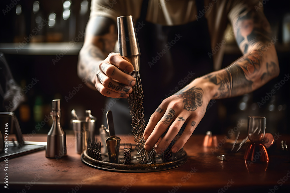 A bartender using specialized tools, such as muddlers and strainers, to create unique and intricate cocktails that delight the senses. Generative AI