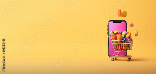 full shopping trolley front of phone. Concept of online shopping banner. empty copy space. yellow background. Created with generative AI technology.