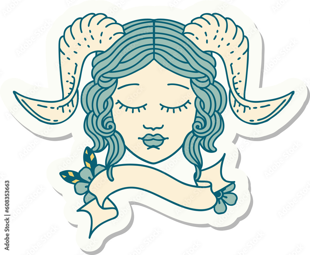 sticker of a tiefling character face with scroll banner sticker of a tiefling character face with scroll banner