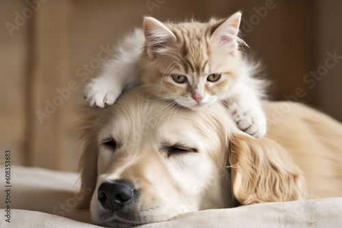 Unlikely friends a cat and a dog sharing a heartwarming moment, with the feline perched on the canine's head. AI Generative.