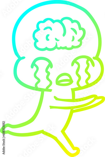 cold gradient line drawing of a cartoon big brain alien crying