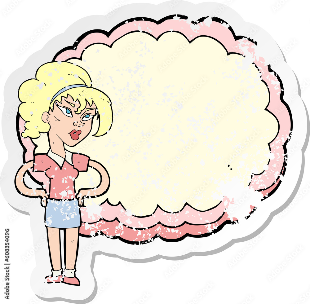 retro distressed sticker of a cartoon woman in front of cloud retro distressed sticker of a cartoon woman in front of cloud