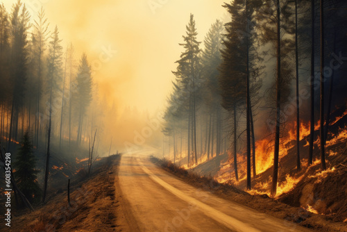 Forest fire with smoke near the edge of the highway, created with Generative AI Technology