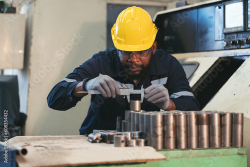 Male engineer worker inspecting quality parts of CNC machine in industrial factory, wearing safety uniform, glasses and hard hat. Male technician repair steel lathe machine in workshop