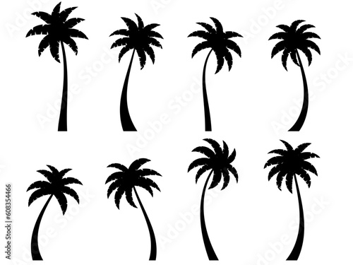 Black curved palm trees set isolated on white background. Bent palm silhouettes. Design of palm trees for posters, banners and promotional items. Vector illustration