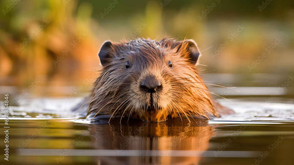 beaver swimming on water. generative ai - obrazy, fototapety, plakaty 