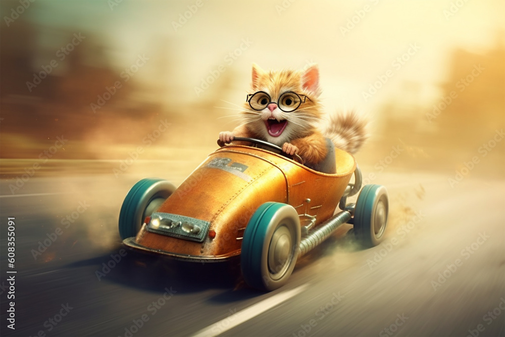 Fototapeta cute cat is driving a car generative AI