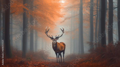 deer in autumn forest with fog. generative ai