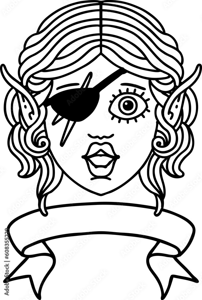 Black and White Tattoo linework Style elf rogue character face with banner Black and White Tattoo linework Style elf rogue character face with banner