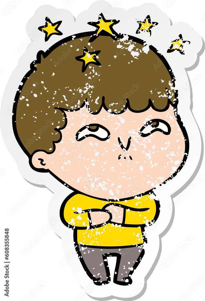 distressed sticker of a cartoon amazed boy