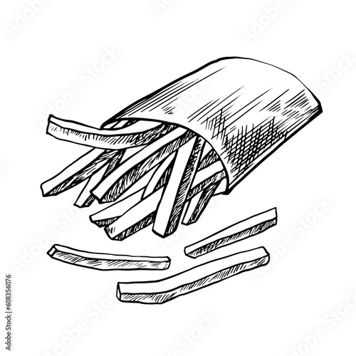 Black and white hand drawn french fries in package isolated in white background. Fast food. Sketch style potato. Fries drawing with hatching