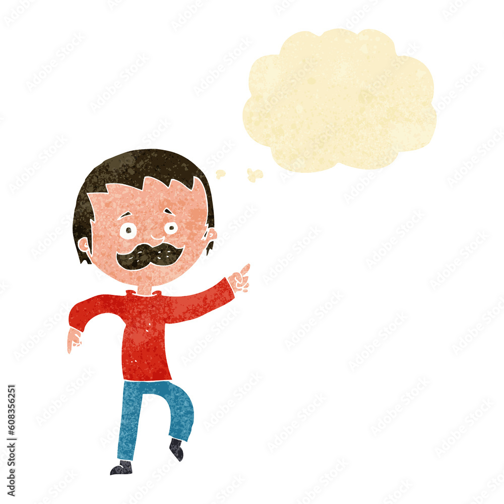 cartoon man with mustache pointing with thought bubble cartoon man with mustache pointing with thought bubble