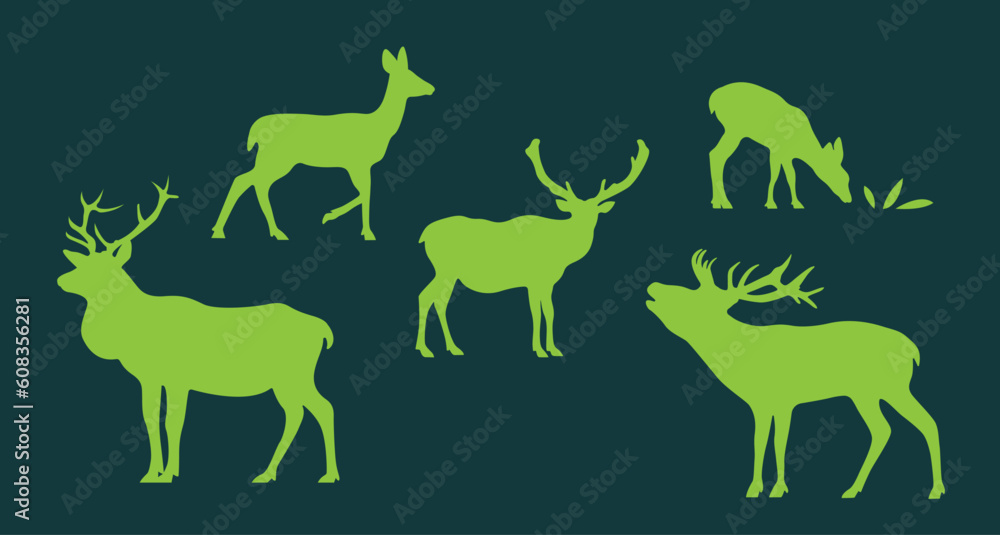 Deer set in vector. Isolated deer silhouettes in flat style.