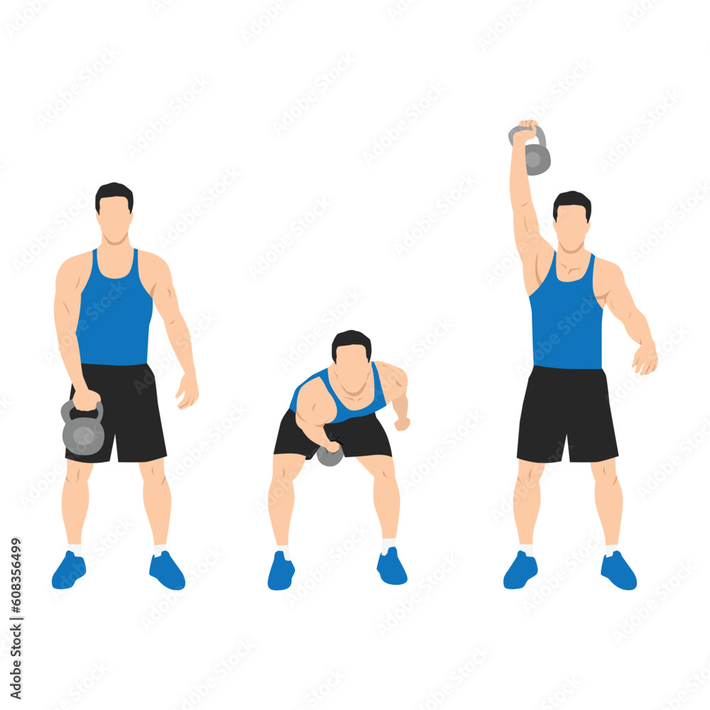 Man doing one arm kettlebell snatch exercise. Flat vector illustration isolated on white background Man doing one arm kettlebell snatch exercise. Flat vector illustration isolated on white background