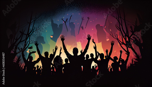 Group of people raising their hands in the air. Human rights concept Ai generated image