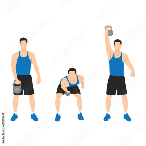Man doing one arm kettlebell snatch exercise. Flat vector illustration isolated on white background