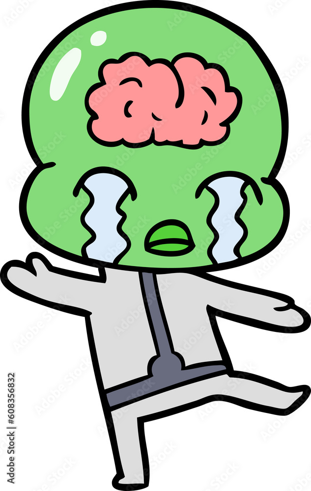 Obraz premium cartoon big brain alien crying