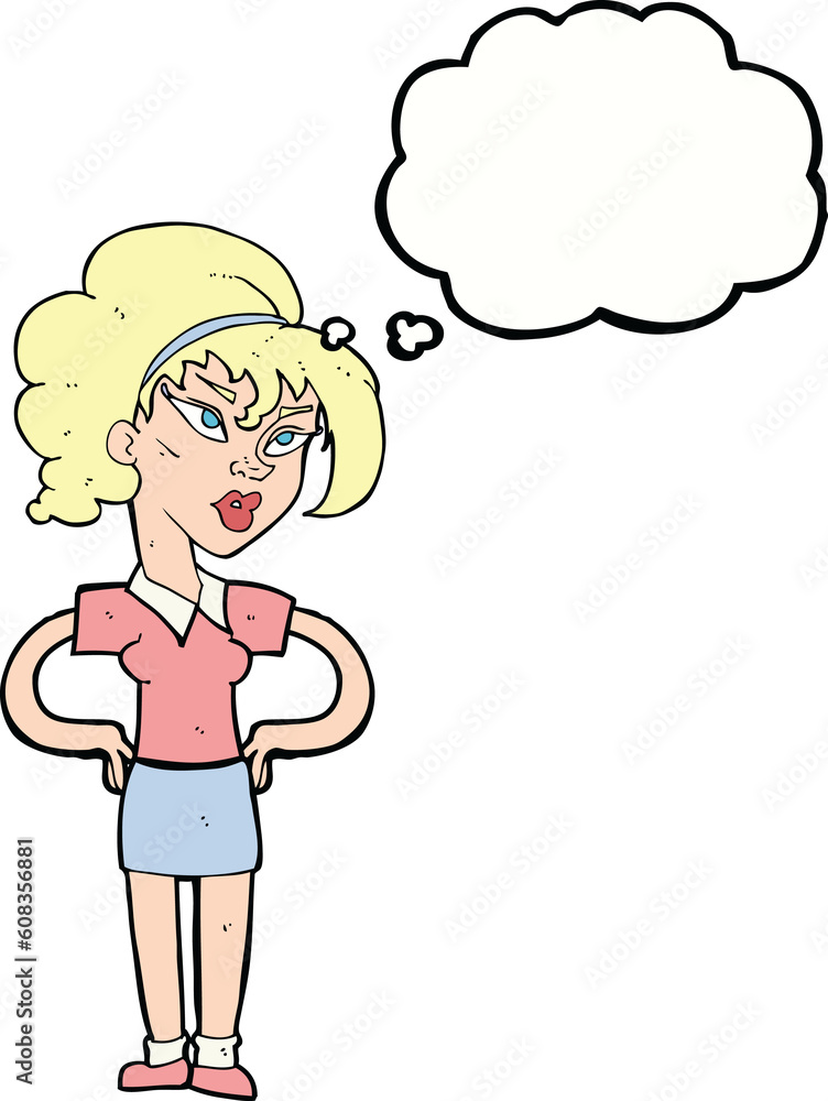 cartoon woman with hands on hips with thought bubble cartoon woman with hands on hips with thought bubble