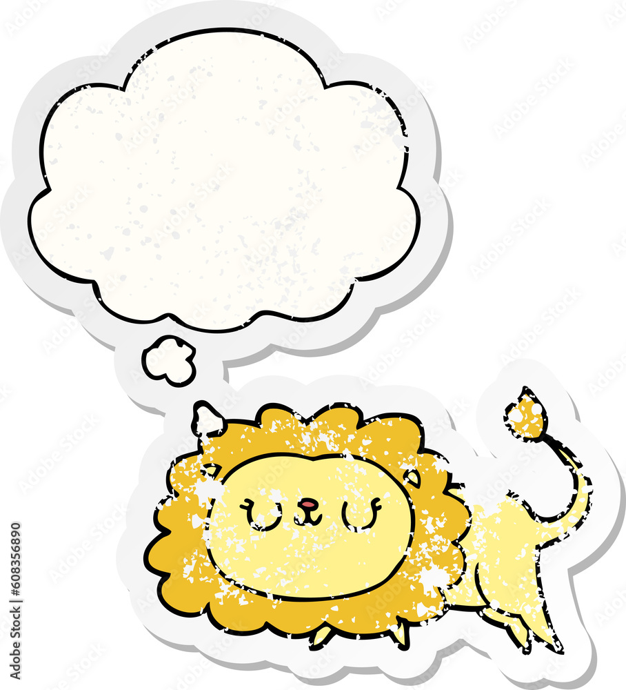 cartoon lion with thought bubble as a distressed worn sticker cartoon lion with thought bubble as a distressed worn sticker